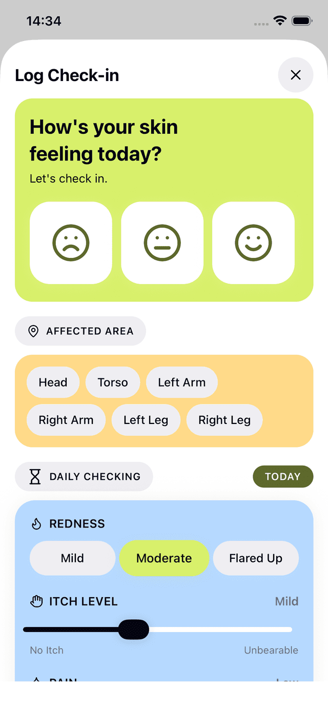 Log check-in screen with mood and symptom tracking