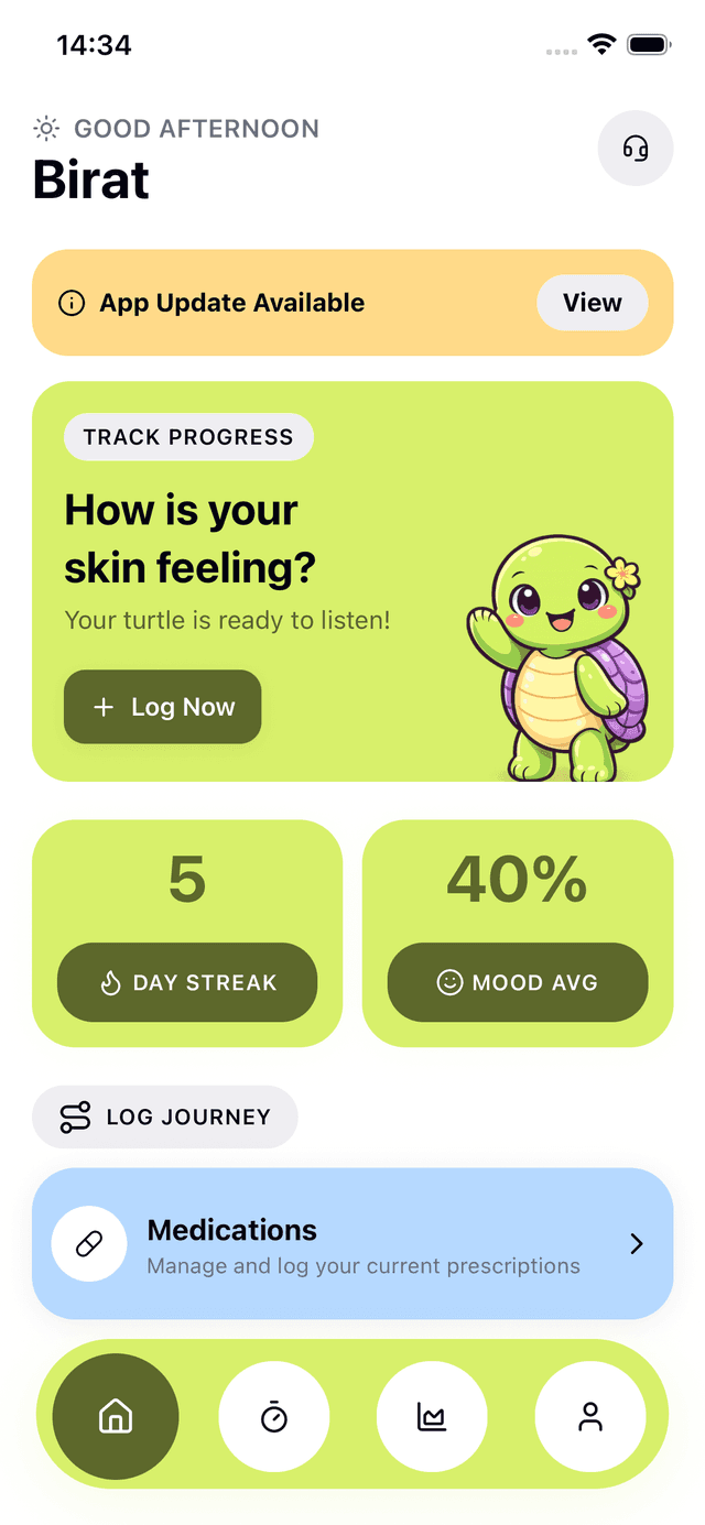 Clear Days home screen showing daily tracking and turtle mascot