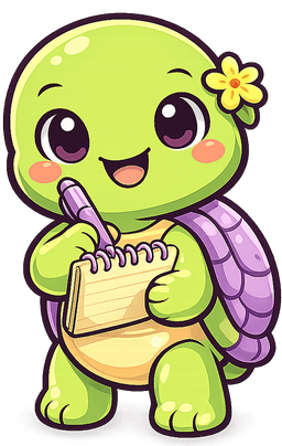 Clear Days turtle mascot taking notes